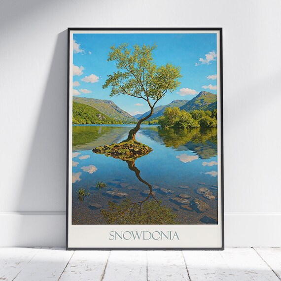 Snowdonia Lone Tree on the Lake Still Water Vintage Wales Poster