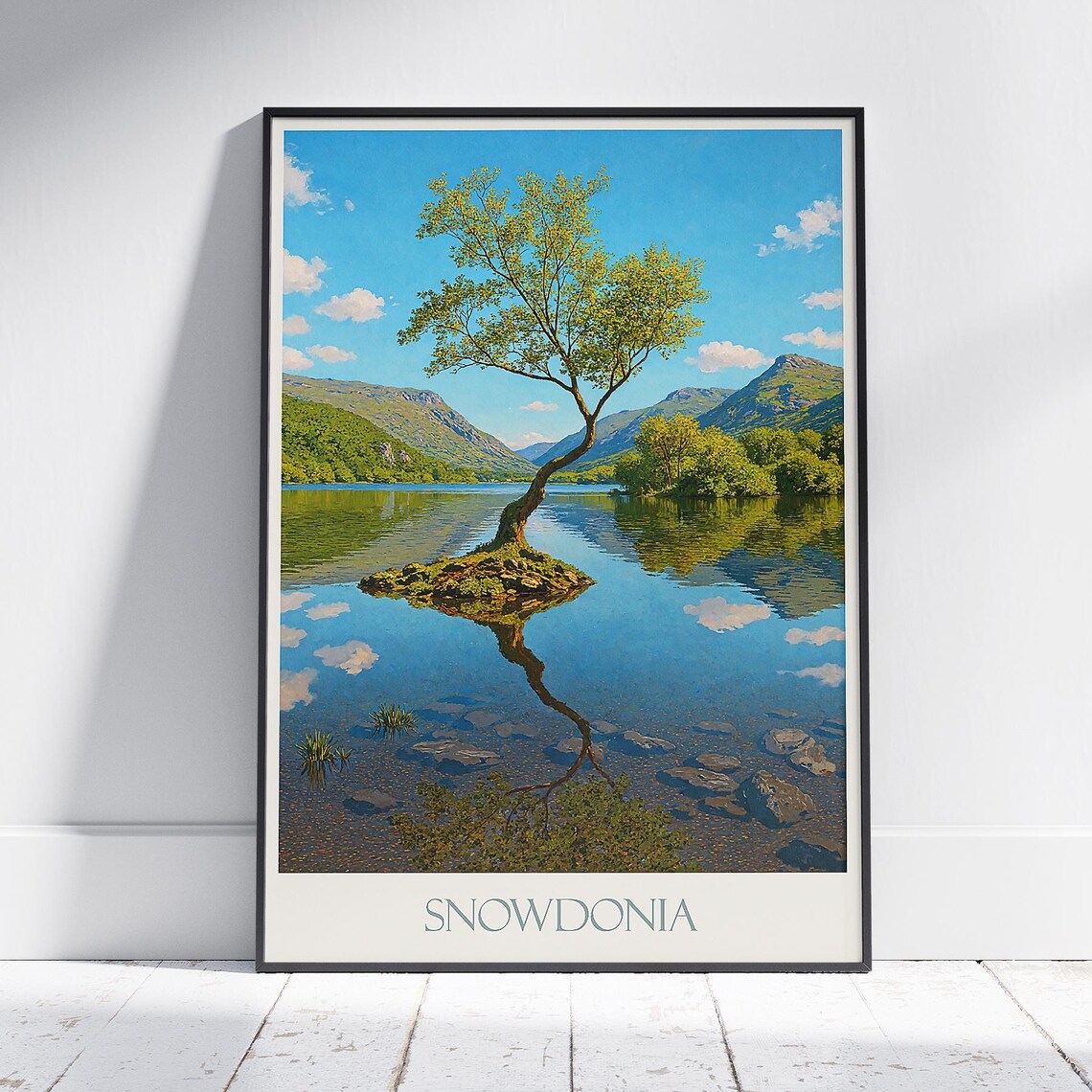 Snowdonia Lone Tree on the Lake Still Water Vintage Wales Poster