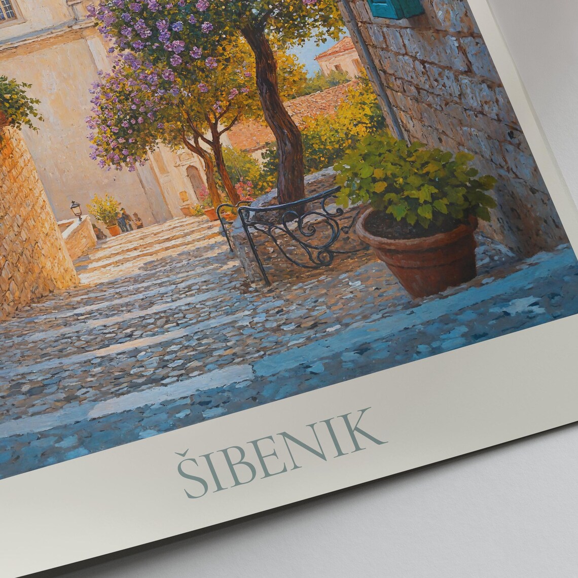 Sibenik Croatia Old Stone Alley Purple Flower Travel Art Poster - Image 3