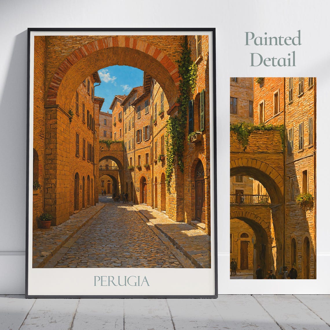 Perugia Italy Stone Arch Alley Poster with Warm Brick Buildings Art