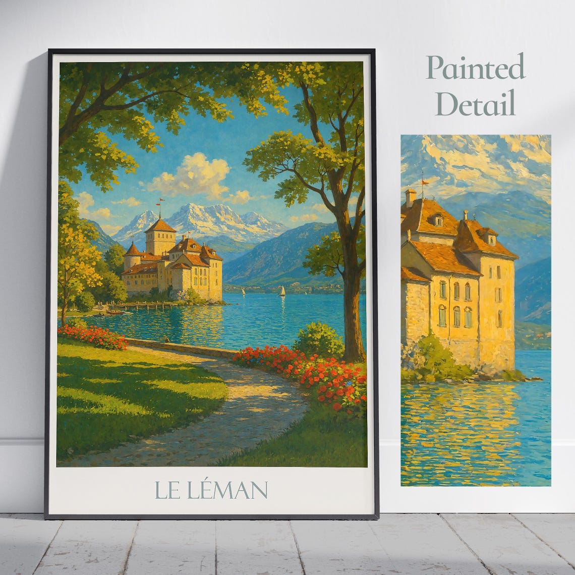 Le Leman Lake Geneva Swiss Castle Sailboat Vintage Travel Poster