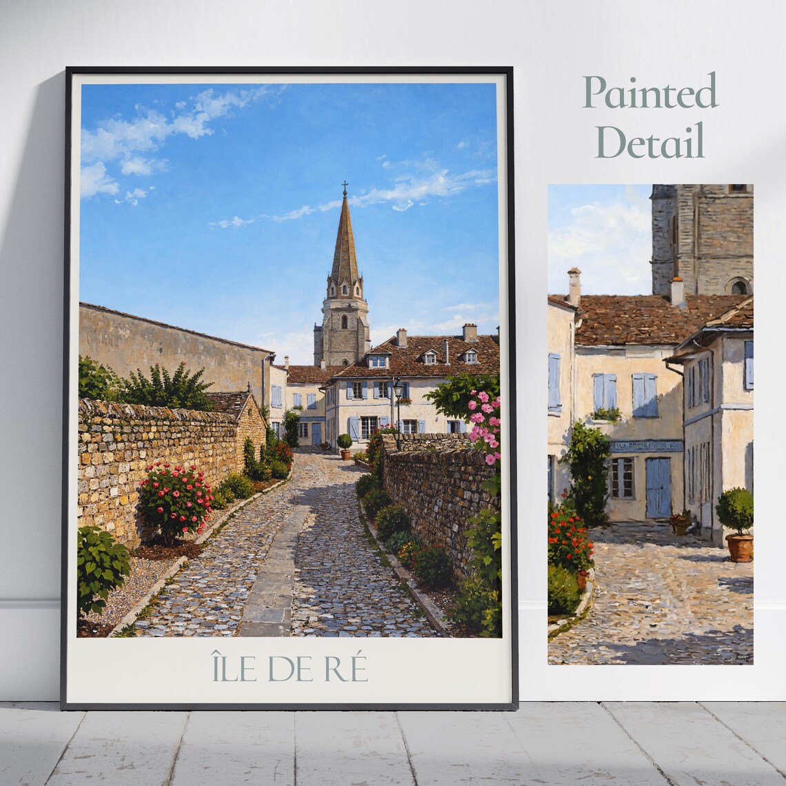 Ile de Re France Cobbled Lane Stone Walls Church Spire Poster