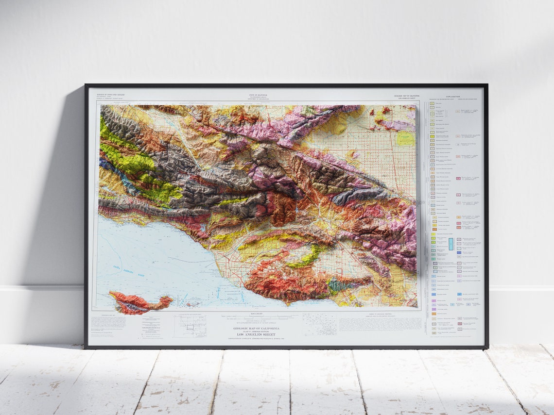 Southern California Los Angeles Sheet Geologic Relief Map Poster