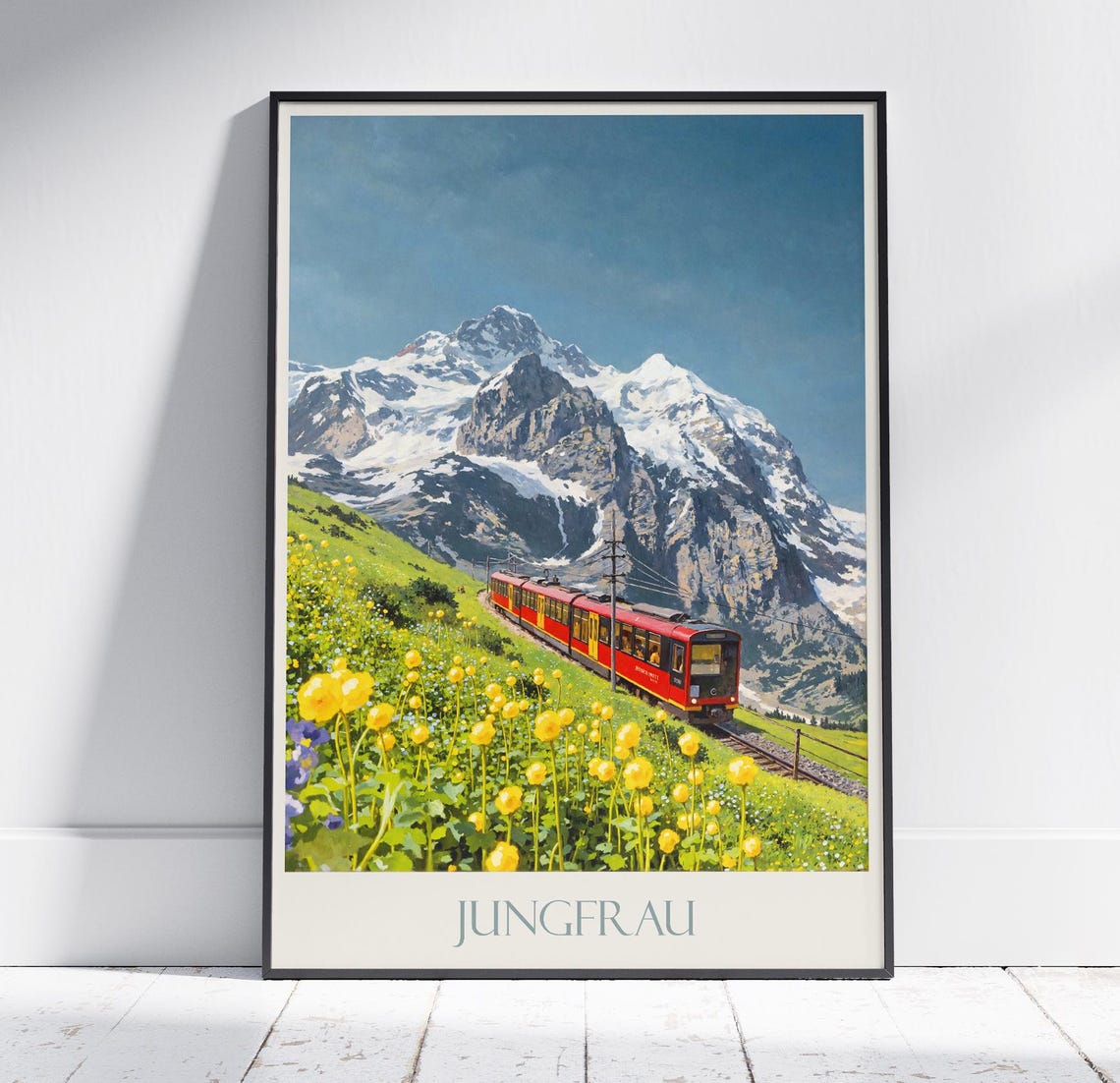 Jungfrau Switzerland Red Train Snow Peak Meadow Wildflower Poster