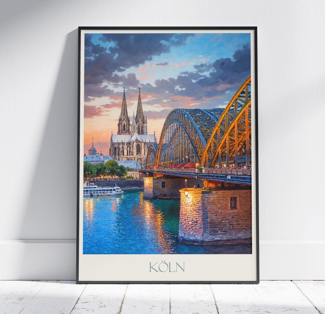 Cologne Germany Cathedral Bridge Sunset Painted Travel Poster