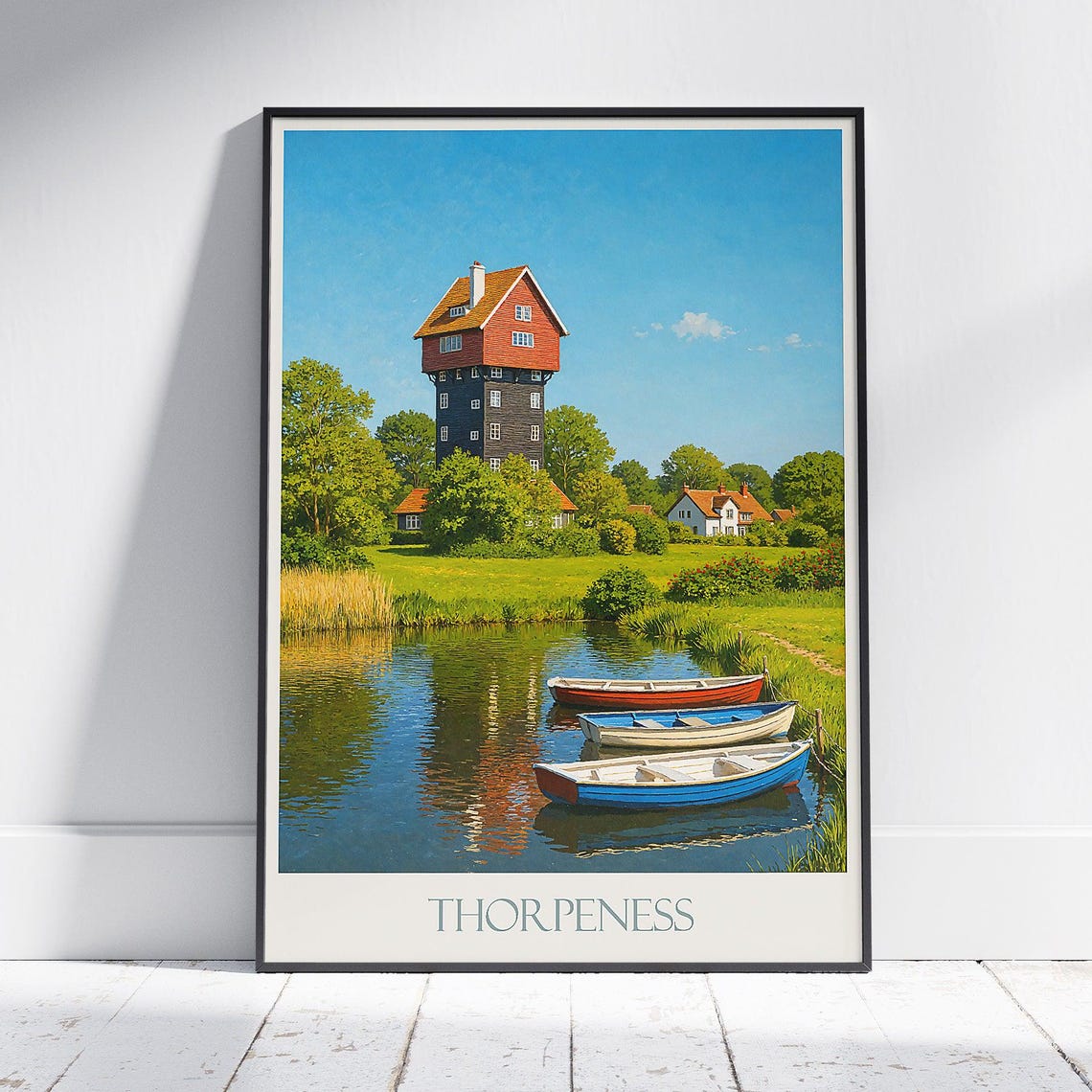 Thorpeness Suffolk Travel Poster House in the Clouds Boats Artwork