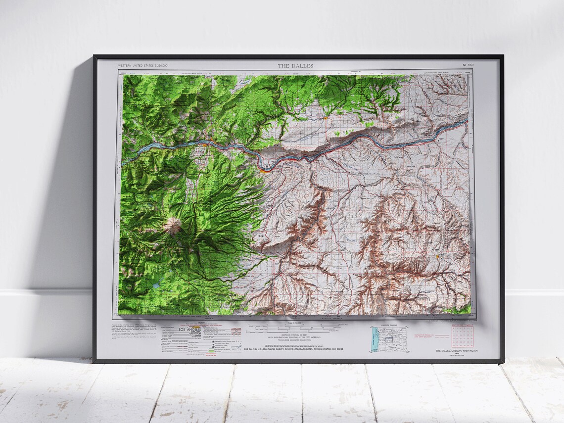 The Dalles Mount Hood Oregon Washington Vintage Shaded Flat 2d Map Print Poster Wall Art Decor Topography