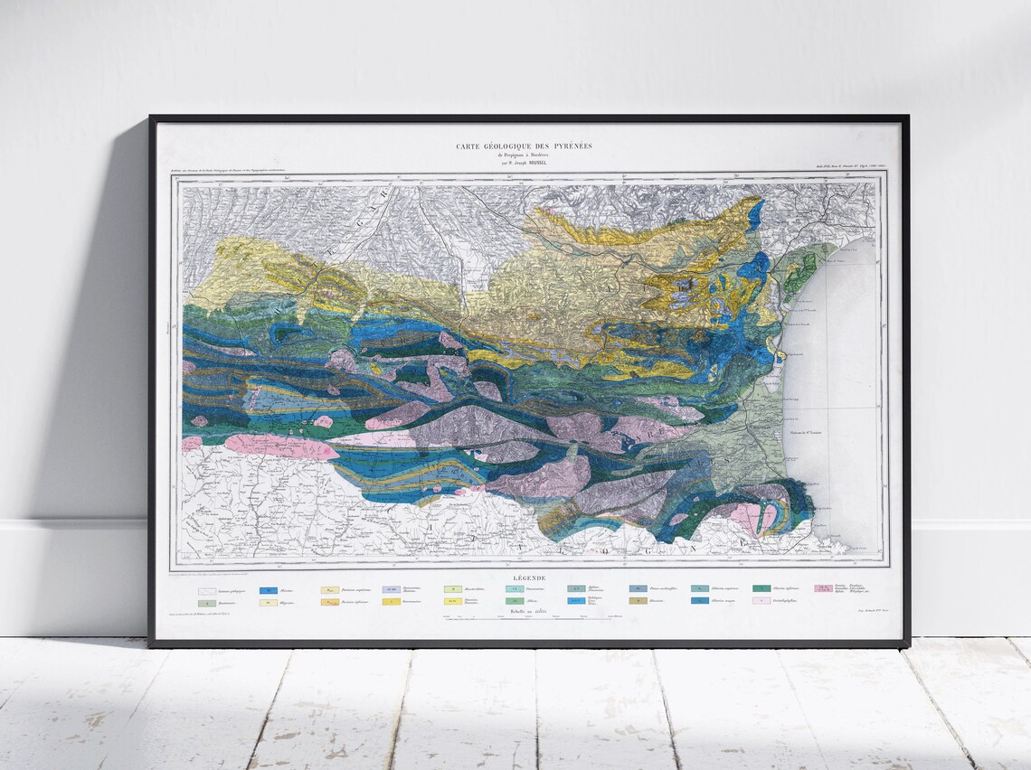 Pyrenees Vintage Geological Map Print Poster Wall Art Decor
