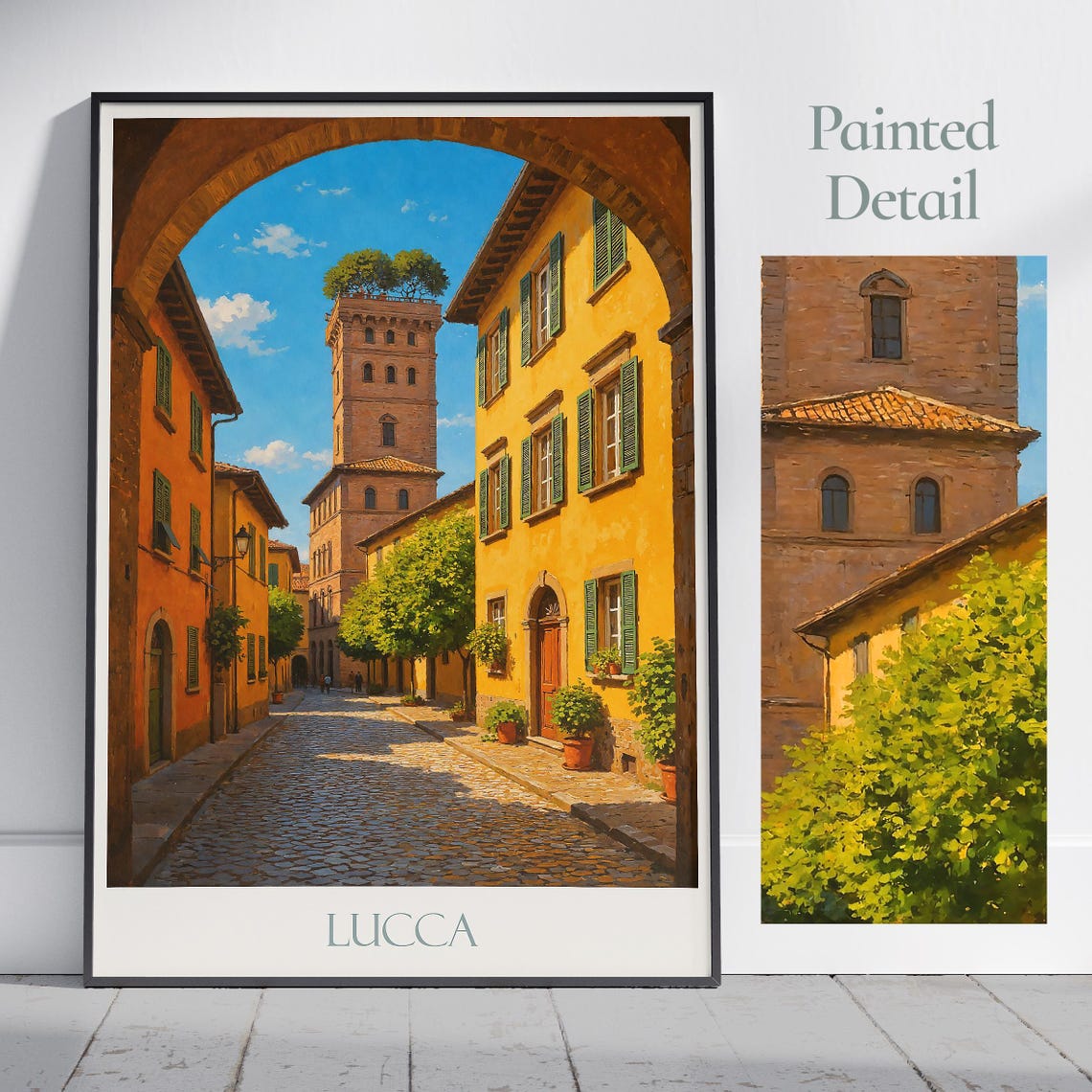 Lucca Italy Tuscan Cobbled Street Tower Painted Style Travel Poster