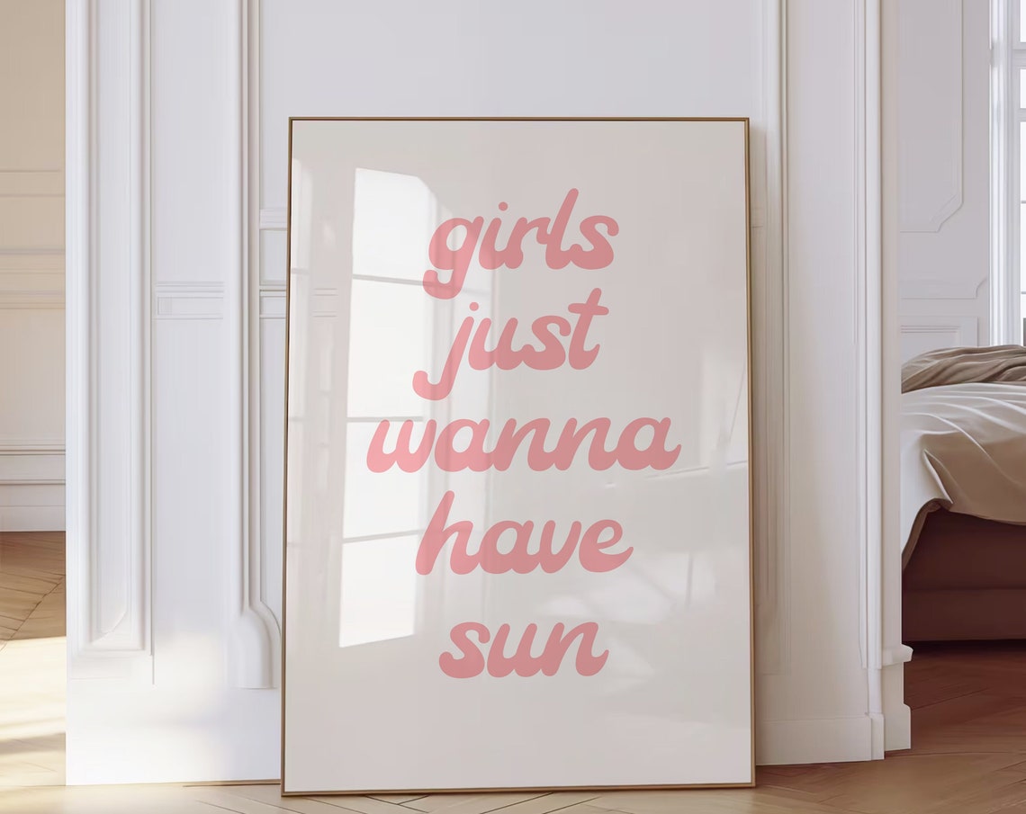 Girls Just Wanna Have Sun Pink Retro Script Beachy Summer Wall Art