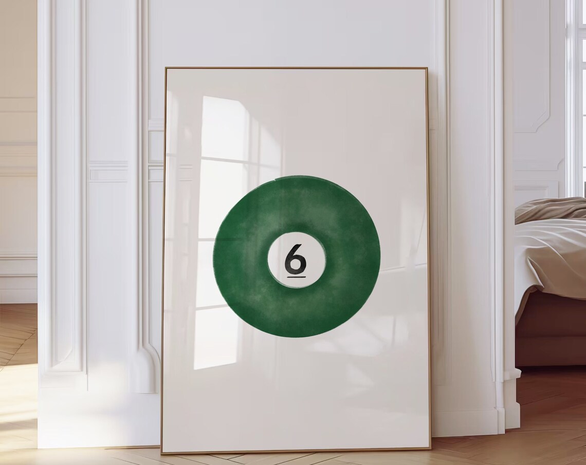 Lucky Number 6 Green Pool Ball Minimalist Retro Bar Cart Poster