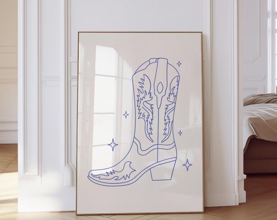 Light Blue Cowgirl Boots Print Coquette Poster Girly Western Print Dorm Aesthetic Trendy Blue Preppy Art Rodeo Poster