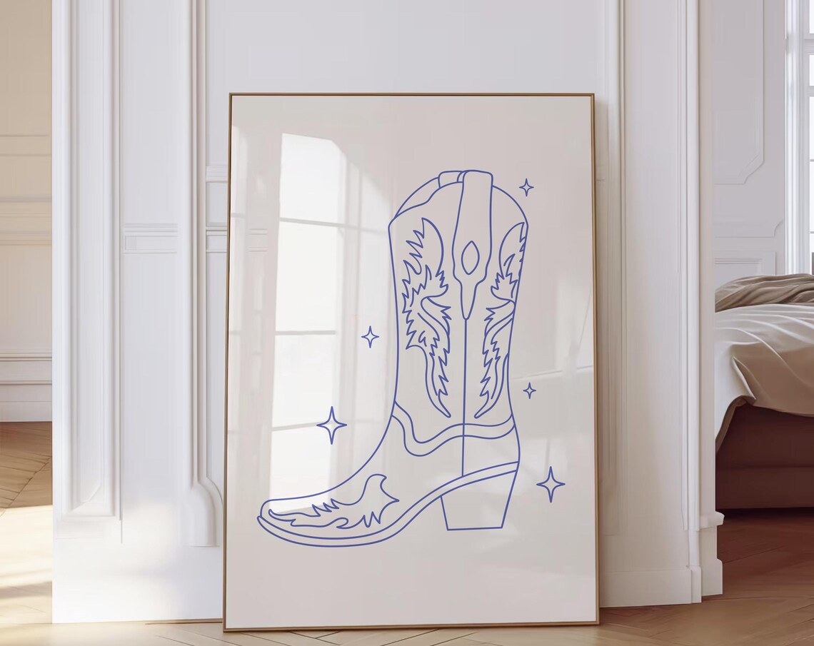Single Blue Cowboy Boot Sparkle Line Art Minimal Western Poster