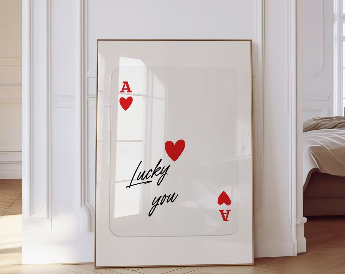 Lucky You Ace of Hearts Playing Card Minimalist Red Script Wall Art