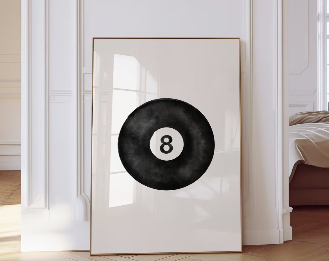 Black Eight Ball Watercolor Minimalist Game Room Decor Poster