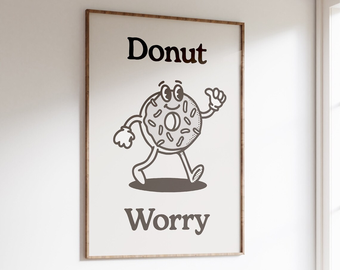Donut Worry Black Monochrome Retro Donut Mascot Fun Art Poster - Image 6