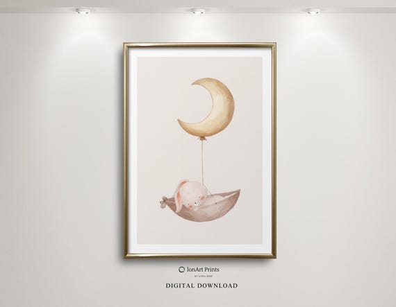 Moon Nap Bunny Sleeping On Balloon Nursery Wall Art Baby Room Decor Scandinavian Kids Print Gender Neutral