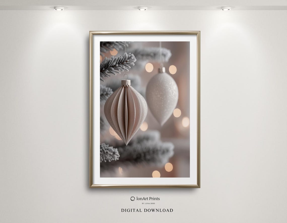 Neutral Beige Ornaments Frosted Branch Christmas Photo Poster