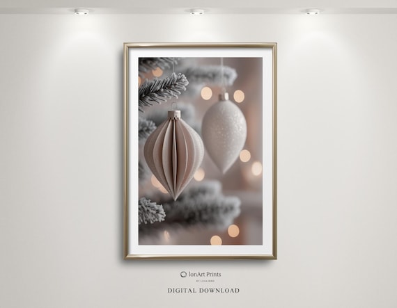 Neutral Beige Ornaments Frosted Branch Christmas Photo Poster