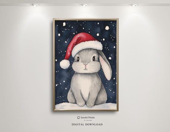 Festive Bunny Watercolor Christmas Art Santa Nursery Room Cozy Winter Wall Decor Holiday Animal Kids