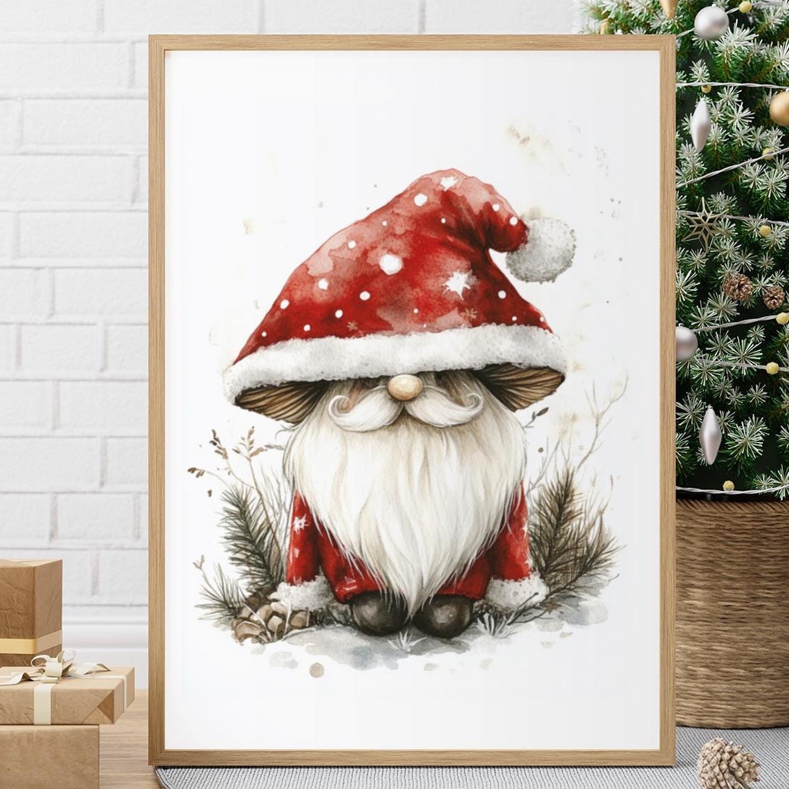 Santa Hat Christmas Gnome Watercolor Cute Holiday Art Poster