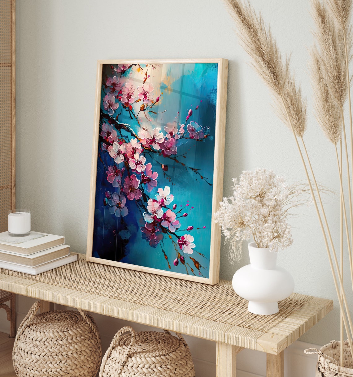 Cherry Blossom Branch Pink Sakura Blue Abstract Floral Art Print - Image 3