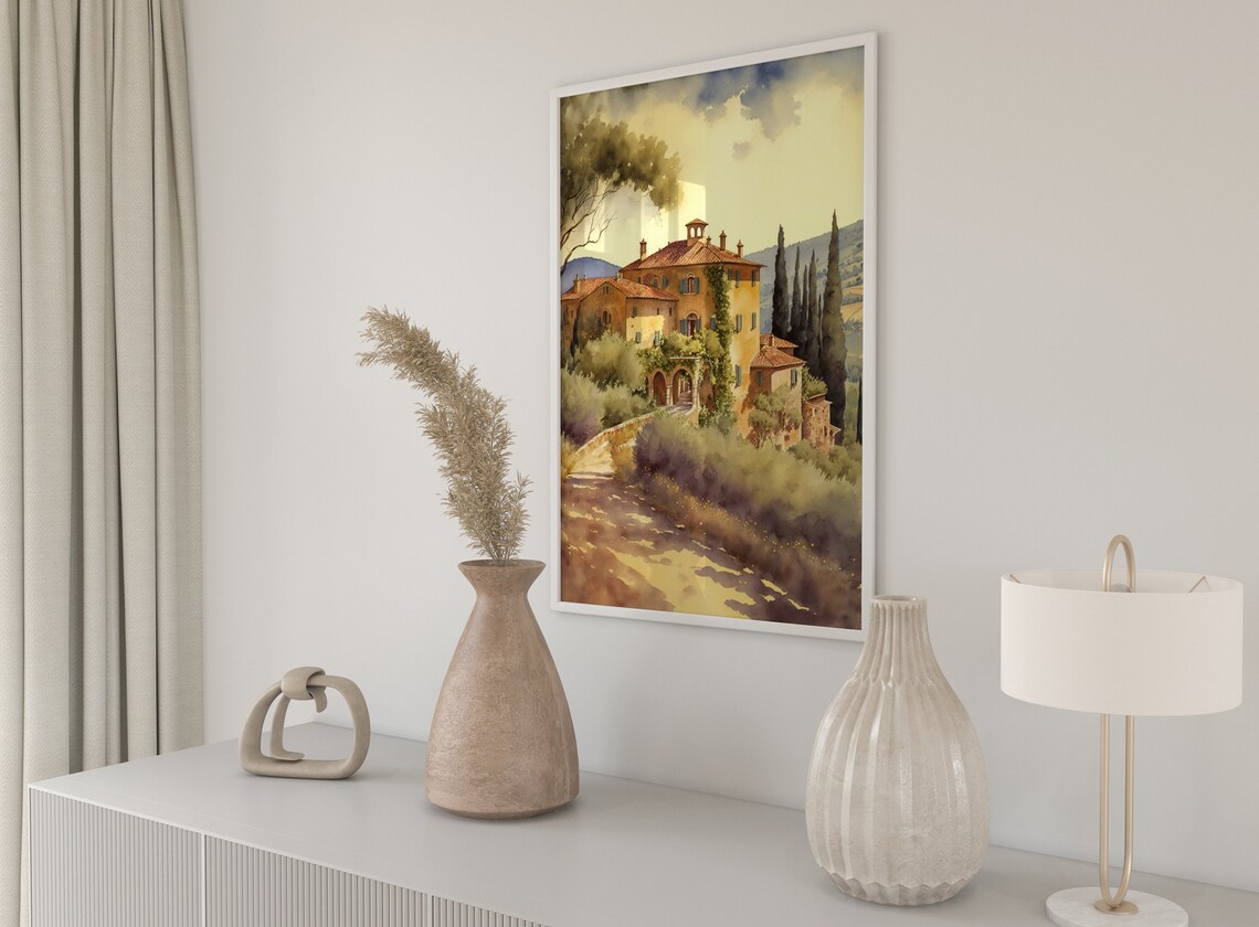 Golden Tuscan Villa Cypress Trees Watercolour Countryside Poster - Image 2