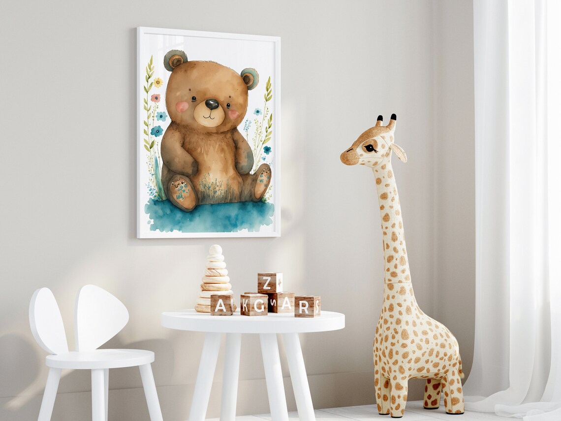 Watercolor Baby Bear Wildflowers Cute Nursery Animal Art Poster - Image 3