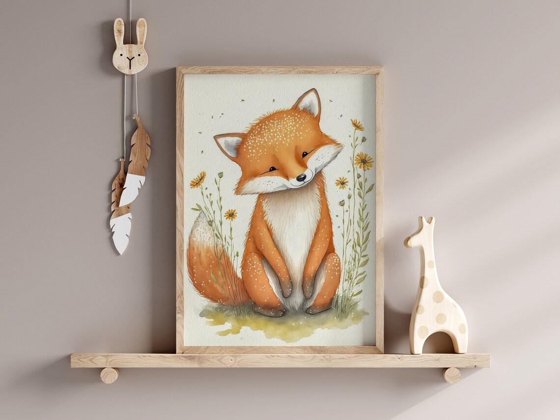 Winking Fox Cub Daisy Flowers Watercolor Nursery Decor Art Poster - Image 2