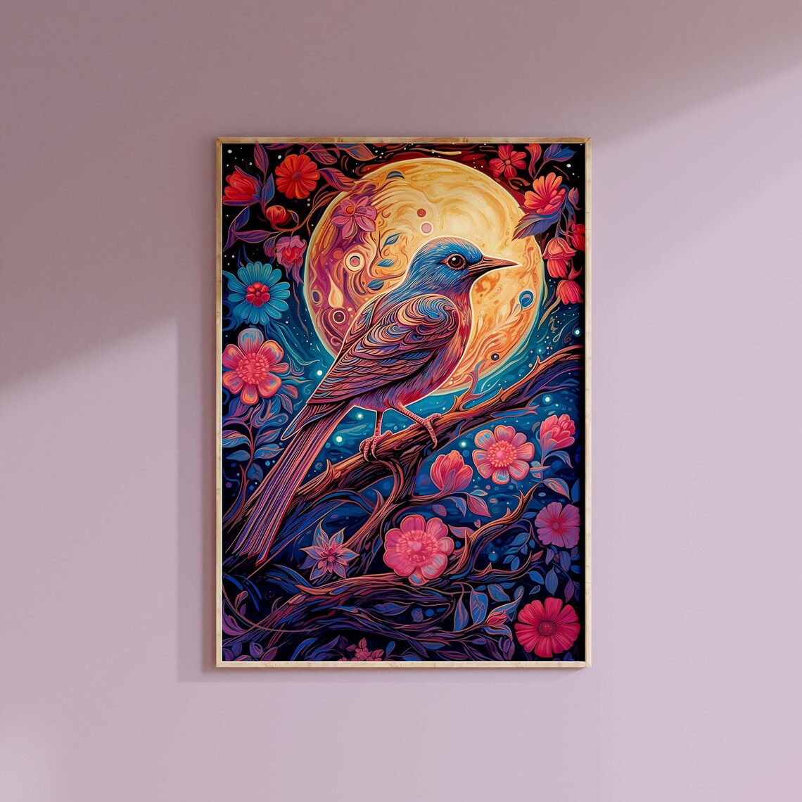 Bluebird Full Moon Night Blooms Colorful Songbird Art Poster - Image 3