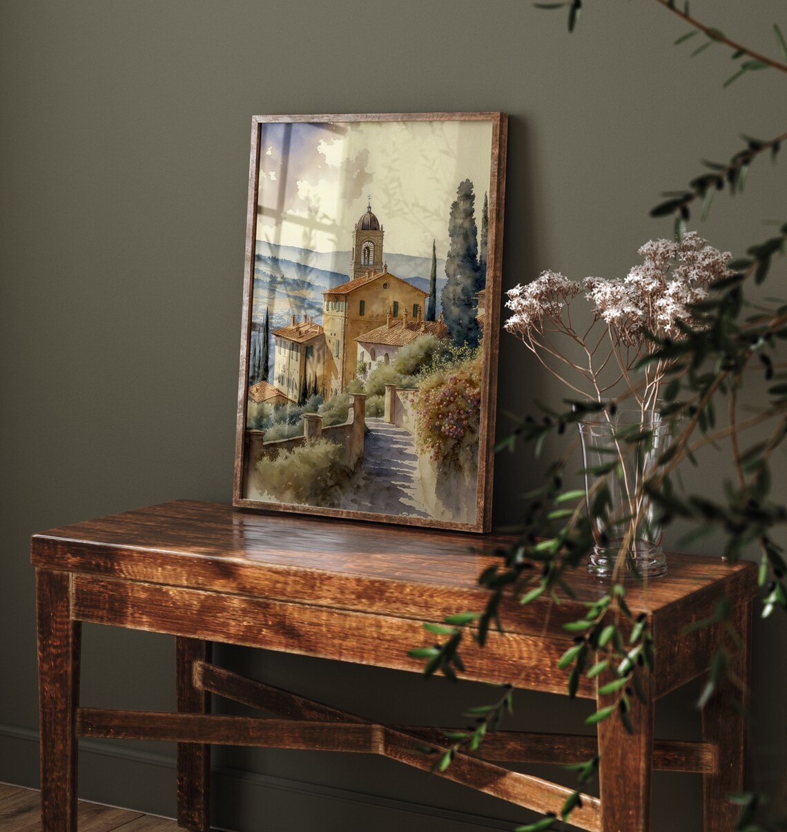 Tuscany Hilltop Village Church Cypress Watercolor Italy Art Print - Image 4