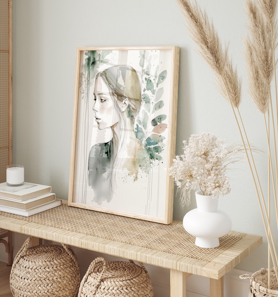 Watercolor Woman Profile Botanical Green Minimalist Art Poster - Image 3