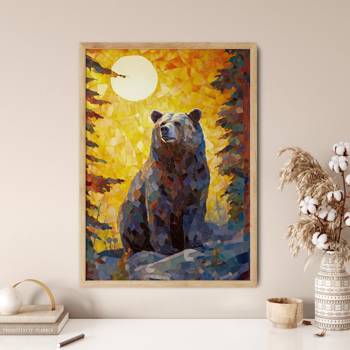 Mosaic Bear Sunset Moonlight Forest Wildlife Art Decor Poster - Image 5