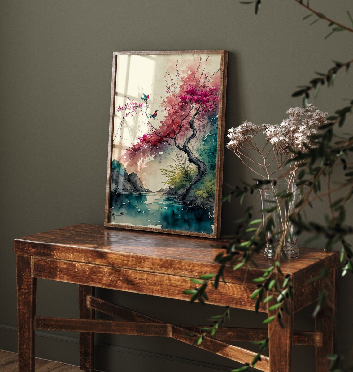Japanese Blossom Tree Two Birds Over Water Ink Art Style Poster - Image 4