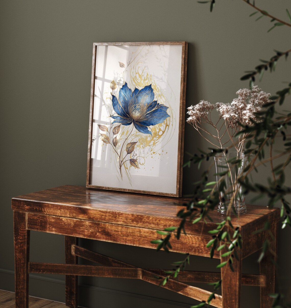 Deep Blue Bloom With Golden Leaves Elegant Watercolor Art Poster - Image 4