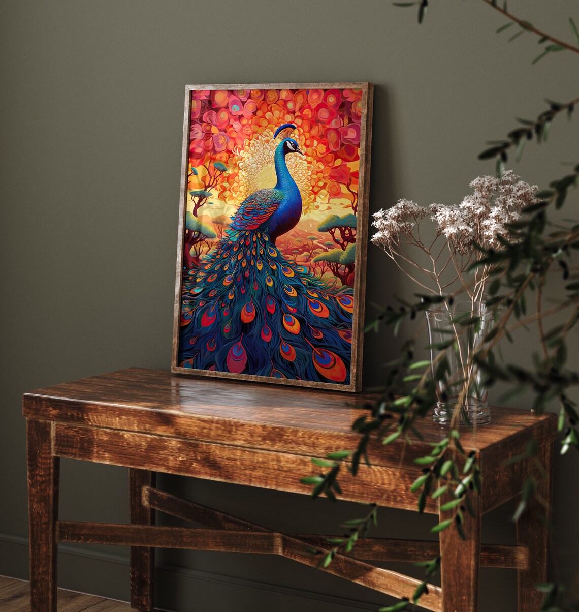 Peacock Red Trees Sunset Stained Glass Vibrant Bird Art Poster - Image 2