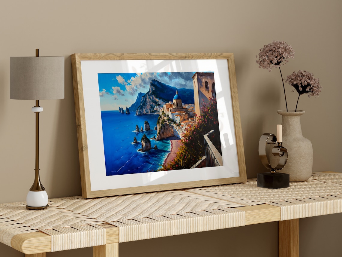 Amalfi Coast Blue Dome Church Cliff Town Sparkling Sea View Poster - Image 2