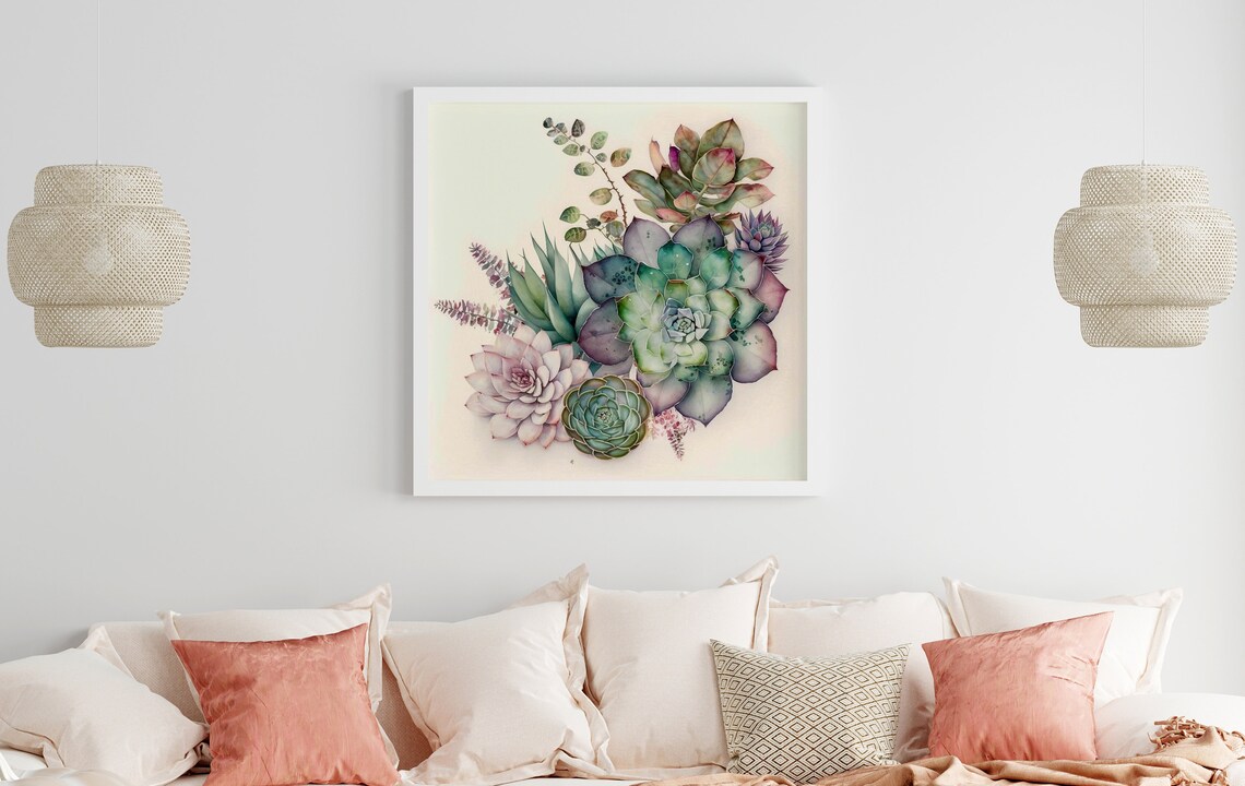Colorful Watercolor Succulents Arrangement On Cream Art Poster - Image 3