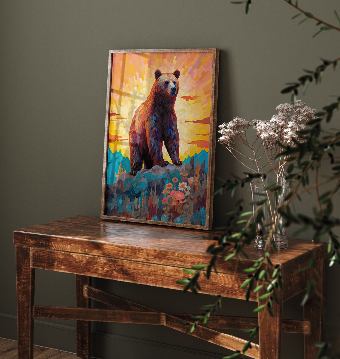 Mosaic Bear Standing Rocky Sunset Wildflowers Colourful Art Poster - Image 3