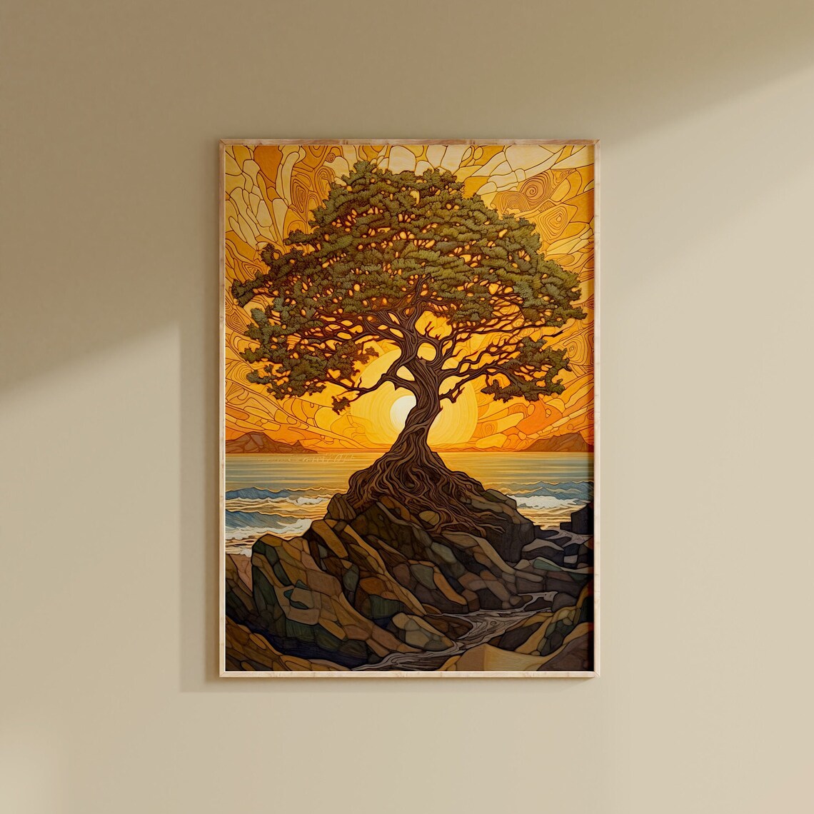 Art Nouveau Tree Golden Sunset Coastal Rocks Ocean View Poster - Image 3