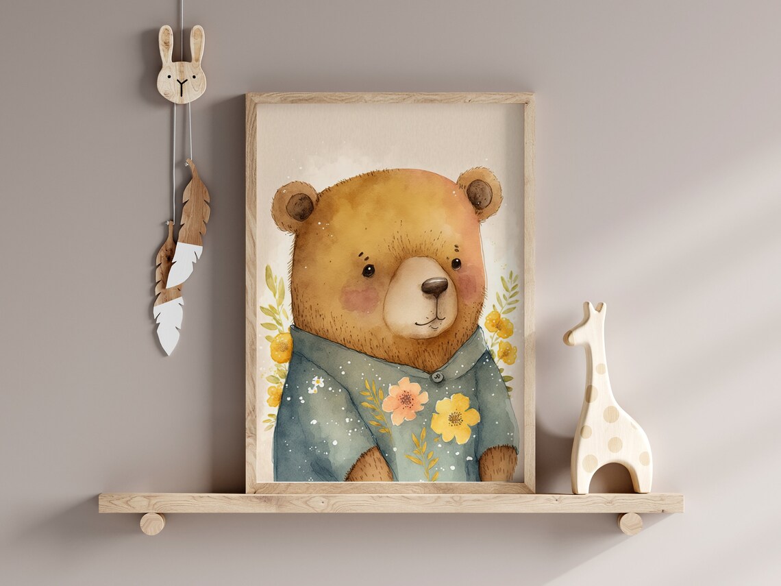 Cute Teddy Bear in Blue Floral Shirt Watercolor Nursery Art Print - Image 2