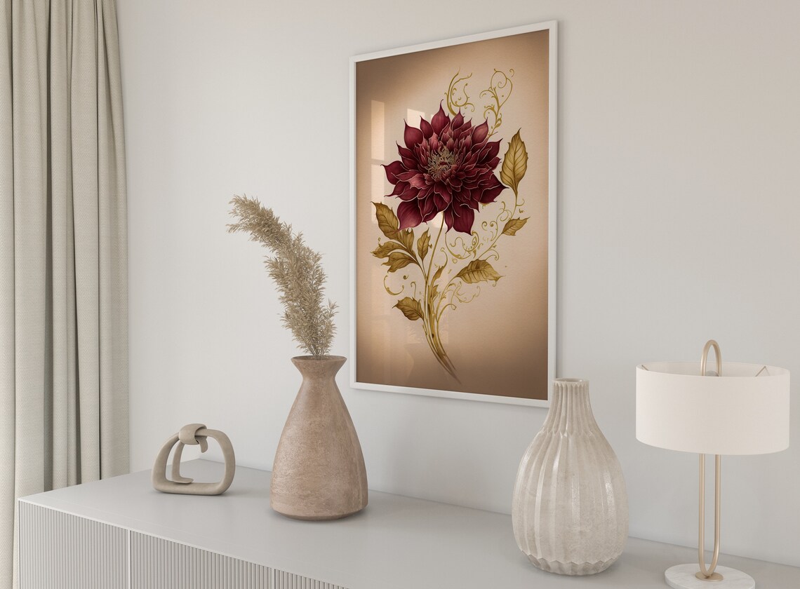 Red Dahlia Gold Leaves Elegant Dark Red Bloom Floral Art Print - Image 5