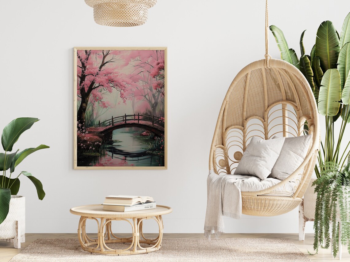Pink Cherry Blossom Bridge Japanese Garden Pond Sakura Art Poster - Image 2