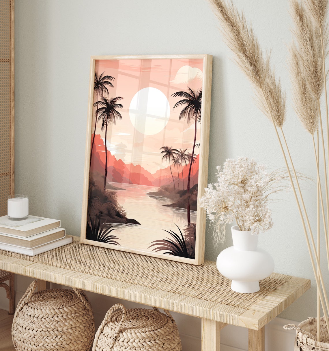 Pink Tropical Sunset Palm Trees Island Lagoon Beach Travel Poster - Image 4
