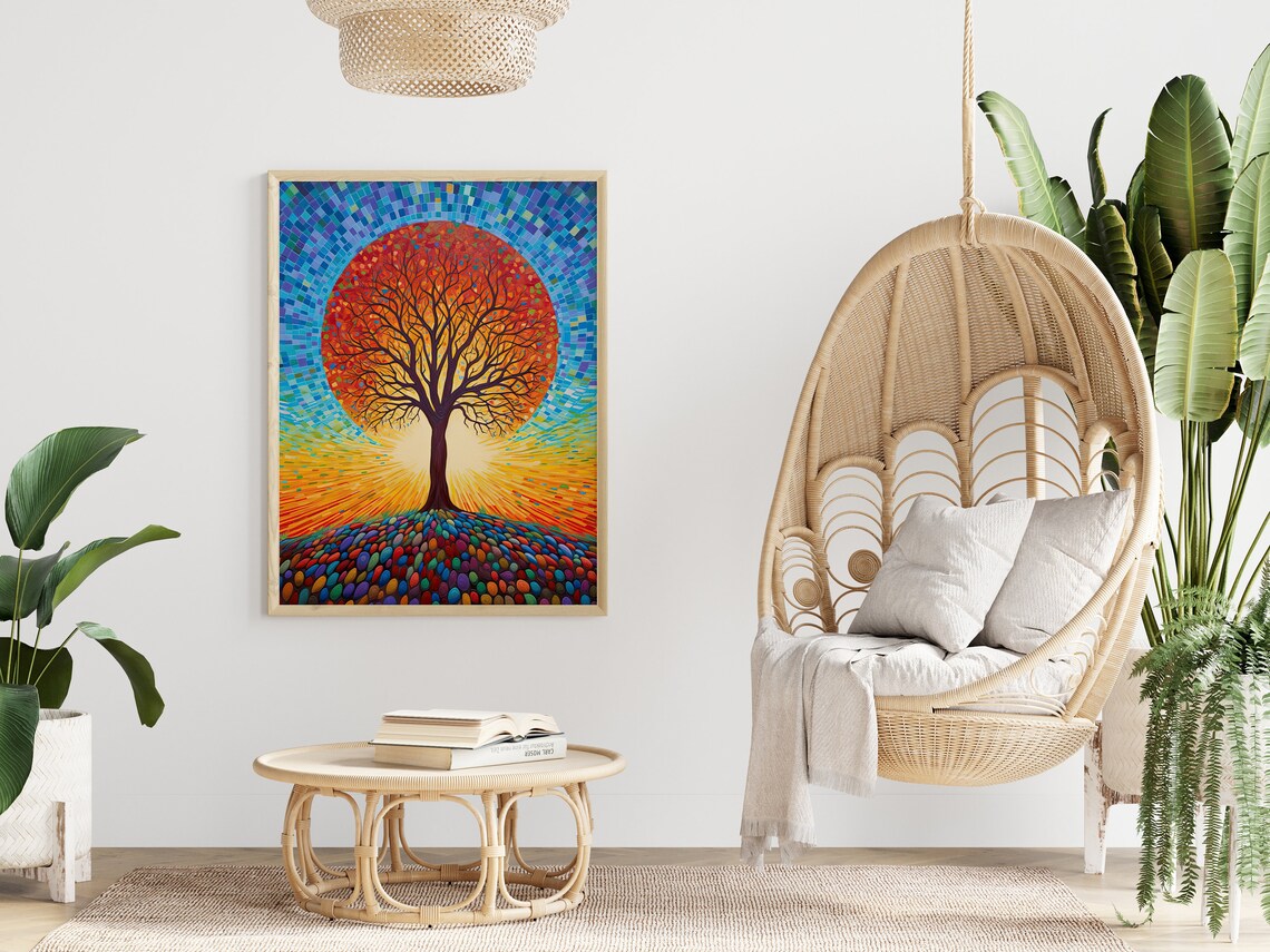 Mosaic Tree Red Sun Disc Blue Sky Colorful Nature Art Poster - Image 4