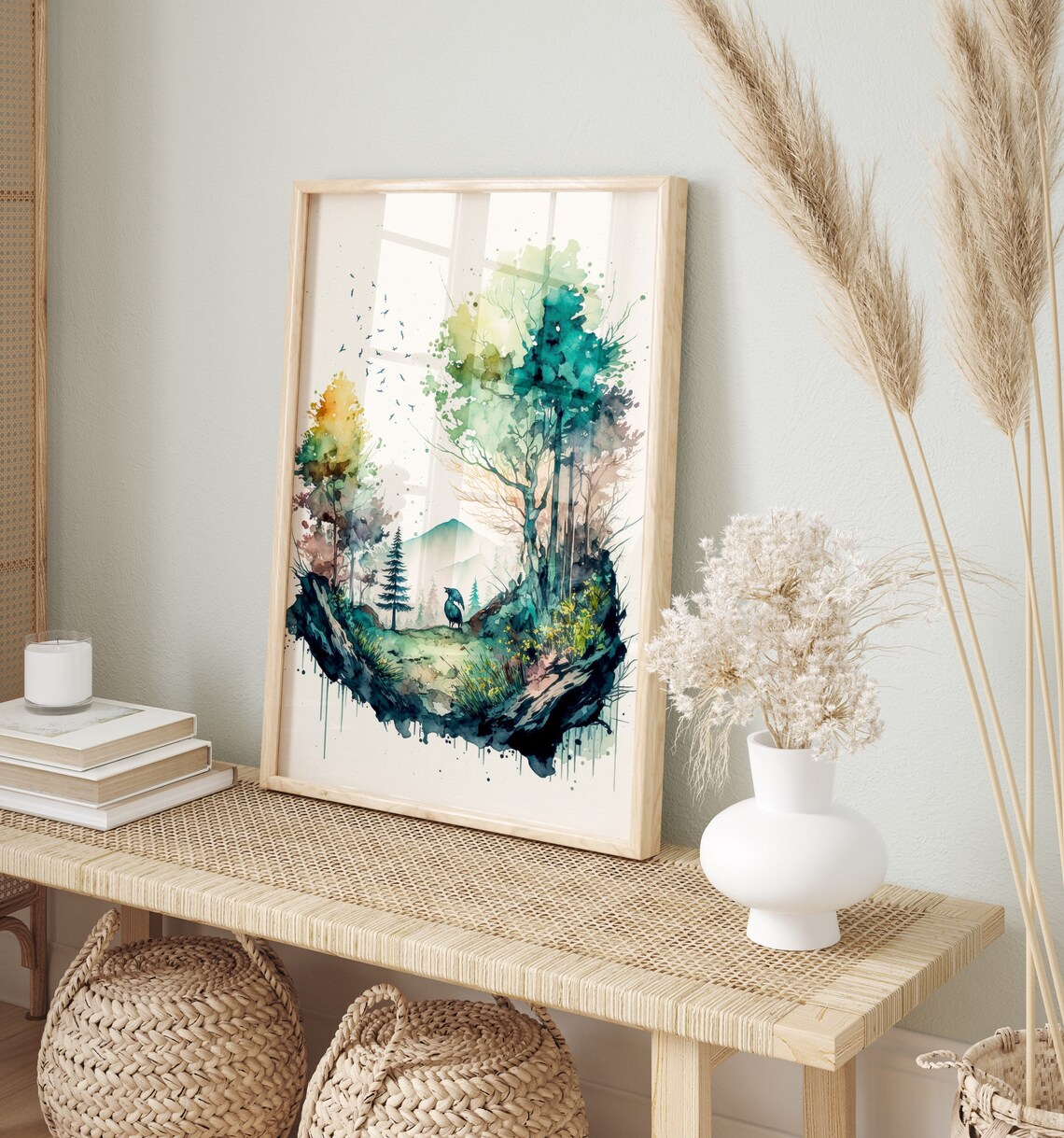 Circular Woodland Scene Misty Mountains Bird Wildlife Art Poster - Image 4