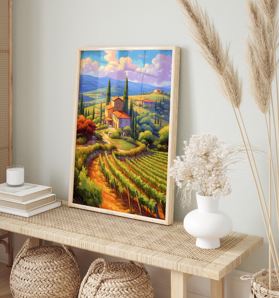 Tuscan Rolling Hills Vineyards Village Sunset Landscape Art Print - Image 2