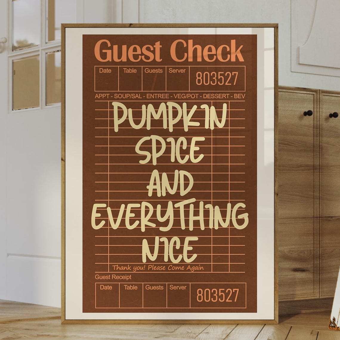Pumpkin Spice Print Guest Check Wall Art Fall Coffee Decor Cozy Retro Kitchen Poster
