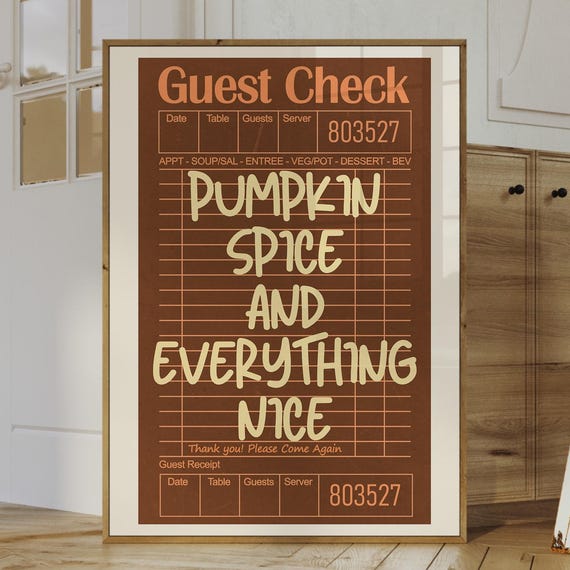 Pumpkin Spice Print Guest Check Wall Art Fall Coffee Decor Cozy Retro Kitchen Poster