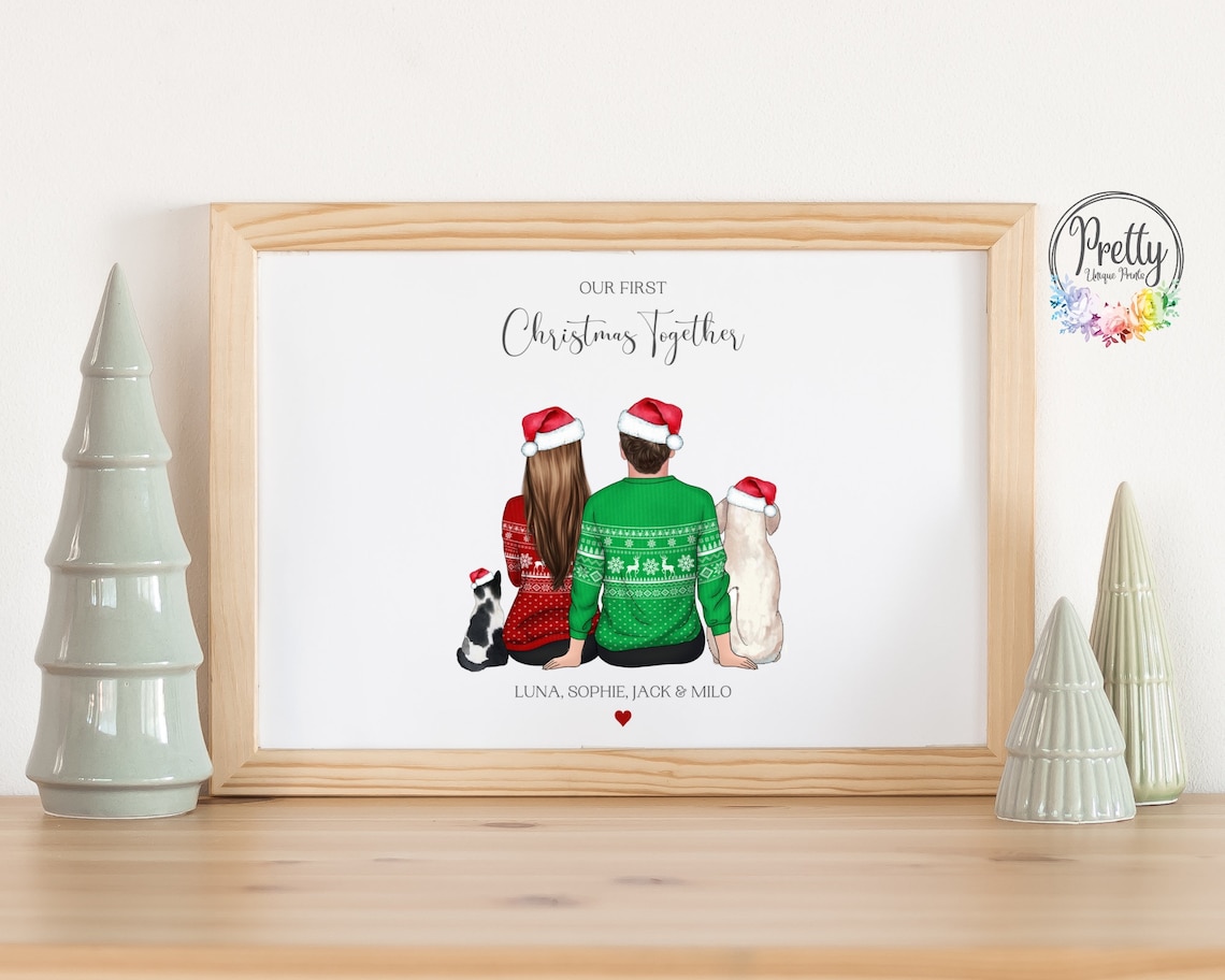 Our First Christmas Together Couple With Pets Festive Portrait Poster